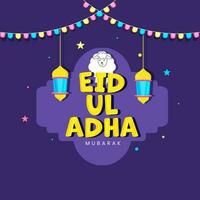 Eid-Ul-Adha Mubarak Font With Cartoon Sheep And Lanterns Hang On Purple Background. vector