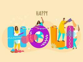 Colorful Happy Holi Text With Cartoon People Playing Colors On Pastel Orange Background. vector