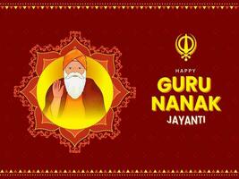 Happy Guru Nanak Jayanti Concept With Character Of Guru Nanak Dev Ji At Floral Frame On Red Background. vector