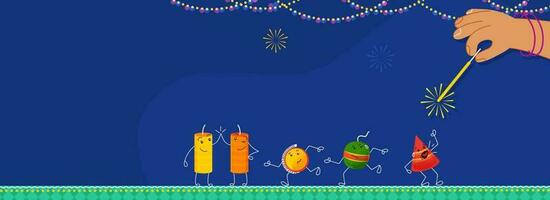 Cartoon Firecrackers With Hand Holding Sparkle Stick On Blue Background For Diwali Festival. vector