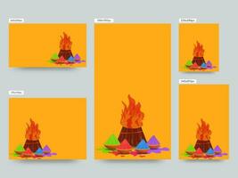 Social Media Posts Collection With Powder In Bowls And Bonfire Illustration On Yellow Background. vector