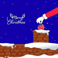 Merry Christmas Font With Santa Hand Put A Gift Box Into Chimney On Blue Snowfall Background. vector