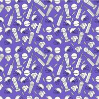 Seamless Cricket Equipments Pattern Background In Purple And White Color. vector