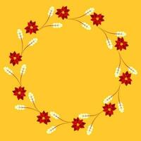 Empty Circle Frame Made By Leaves And Poinsettia Flowers On Yellow Background. vector