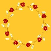 Empty Circle Frame Made By Leaves And Poinsettia Flowers On Yellow Background. vector