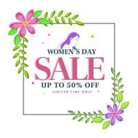 De las mujeres día rebaja póster diseño con descuento oferta y floral decorado en blanco antecedentes. vector