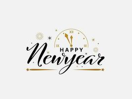 Black Happy New Year Font With Linear Style Wall Clock On White Background. vector