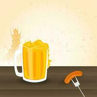 Illustration Of Beer Mug With Sausage, Fork, Wheat Ear On Brown Background Ans Copy Space. vector