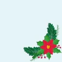 Poinsettia Flower With Leaves, Berries And Copy Space On Pastel Blue Background. vector
