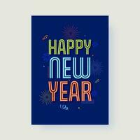 Vector Neon Effect Happy New Year Font And Fireworks On Blue Background.