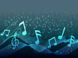 Abstract Wavy Halftone Effect Background With Blue Music Notes. vector