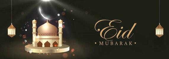 Eid Mubarak Banner Or Header Design With 3D Golden Mosque, Crescent Moon And Lit Lanterns Hang On Black Bokeh Background. vector