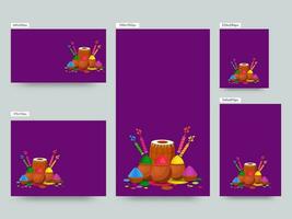 Social Media Poster Or Template Set With Bowls, Mud Pots Full Of Powder, Color Guns, Dhol Instrument On Purple Background. vector