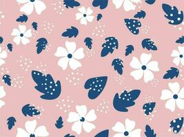 White Flowers With Blue Leaves Decorated On Pastel Pink Background. Seamless Pattern. vector