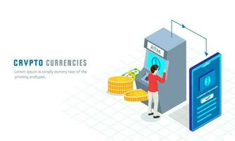 3D Illustration Of Man Bitcoin Payment From ATM To Smartphone On White Background For Crypto Currencies Concept. vector