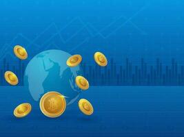 3D Illustration Of Earth Globe With Golden Coins On Blue Statistics Background For Cryptocurrency Concept. vector