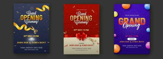 Grand Opening Ceremony Invitation Or Flyer Design With Event Details In Three Color Options. vector