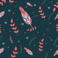 Seamless Boho Style Leave And Feather Pattern Background. vector