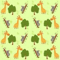 Seamless Giraffe With Tree And Koala Pattern Background. vector