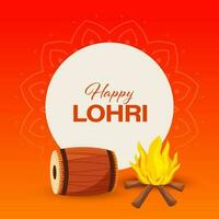 Happy Lohri Font Over Circular Frame With Drum, Bonfire On Gradient Orange And Red Background. vector