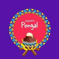 Happy Pongal Celebration Concept With Cooking Food In Mud Pot Over Bonfire On Pink And Purple Background. vector