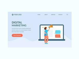 Digital Marketing Concept Based Landing Page Or Hero Banner With Cartoon Woman Announce Through Megaphone. vector