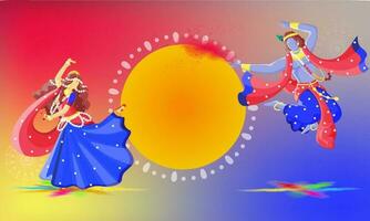 Lord Krishna And Radha Performing Dance With Empty Circular Frame Given For Text On Gradient Background. vector