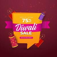 Diwali Sale Poster Design With 3D Firecrackers In Yellow And Dark Pink Color. vector