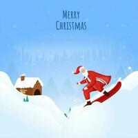 Merry Christmas Poster Design With Santa Claus Skiing And Chimney House On Blue Snow Background. vector