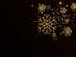 Golden Snowflakes With Glittering Effect On Black Bokeh Background And Copy Space. vector