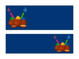 azul encabezamiento o bandera diseño con barro ollas lleno de polvo, color pistolas y indio dulces en dos opciones vector