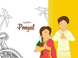 sin rostro sur indio Pareja dando saluda en amarillo y blanco floral fondo para contento pongal festival. vector