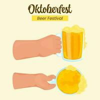 Oktoberfest cerveza festival concepto con manos participación cerveza tazas en amarillo antecedentes. vector