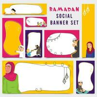 Ramadán festival social bandera y modelo conjunto con islámico personas demostración diferente rituales y dado espacio para texto mensaje. vector