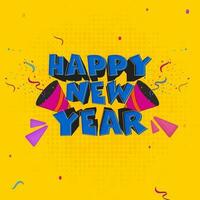 Happy New Year Font With Exploding Party Poppers On Yellow Halftone Effect Background. vector