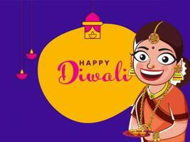 Indian Woman Holding Plate Of Lit Oil Lamps On Orange And Violet Background For Happy Diwali Celebration. vector