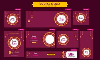 Happy Diwali Social Media Banner Or Header, Template And Posts In Pink Color. vector