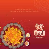 Sticker Happy Lohri Font Written In Punjabi Language With Top View Of Bonfire On Gradient Orange And Pink Background. vector