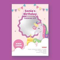 cumpleaños tarjeta modelo diseño con delicioso pastel, unicornio y Copiar espacio en rosado antecedentes. vector