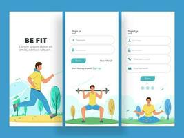 Fitness App UI Screens Or Template Layout As Sign In, Create Account And Sign Up. vector
