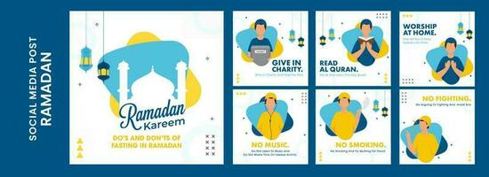 Essential Dos And Donts For Ramadan Fasting Based Social Media Post Set On Blue Background. vector