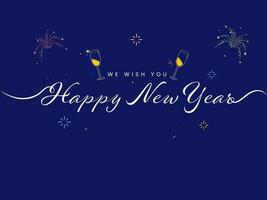 contento nuevo año deseos con copas de vino y fuegos artificiales en azul antecedentes. vector