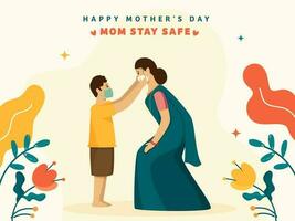 Cartoon Boy And His Mother Wearing Safety Mask To Protect From Coronavirus For Happy Mother's Day. vector