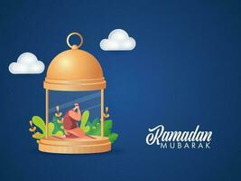 Ramadan Mubarak Concept With Muslim Man Offering Namaz Prayer Inside Golden Lantern On Blue Background. vector