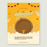 Oktoberfest Beer Festival Template Design With Front View Of Barrel Tap And Wheat Ears On Yellow Background. vector