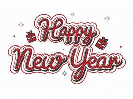 Red Happy New Year Calligraphy With Gift Boxes On White Firework Pattern Background. vector