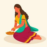 Faceless Indian Young Lady Sitting With Plate Of Lit Oil Lamps On Beige Background. vector