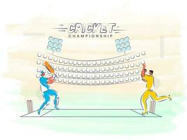 Doodle Style Illustration Of Batsman And Bowler Character In Playing Pose On Watercolor Effect Stadium Background For Cricket Championship. vector