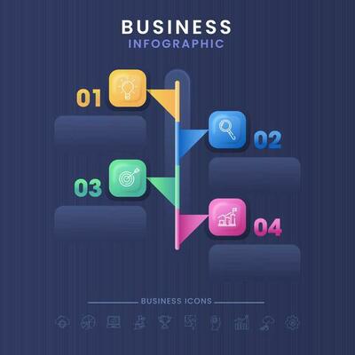 Business Infographic Timeline Template Layout With Four Color Icons On Blue Background.