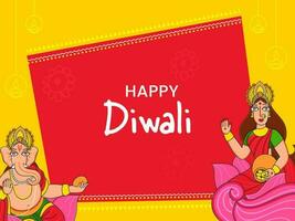 Illustration Of Lord Ganesha With Goddess Lakshmi Character On Red And Yellow Background For Happy Diwali Celebration. vector